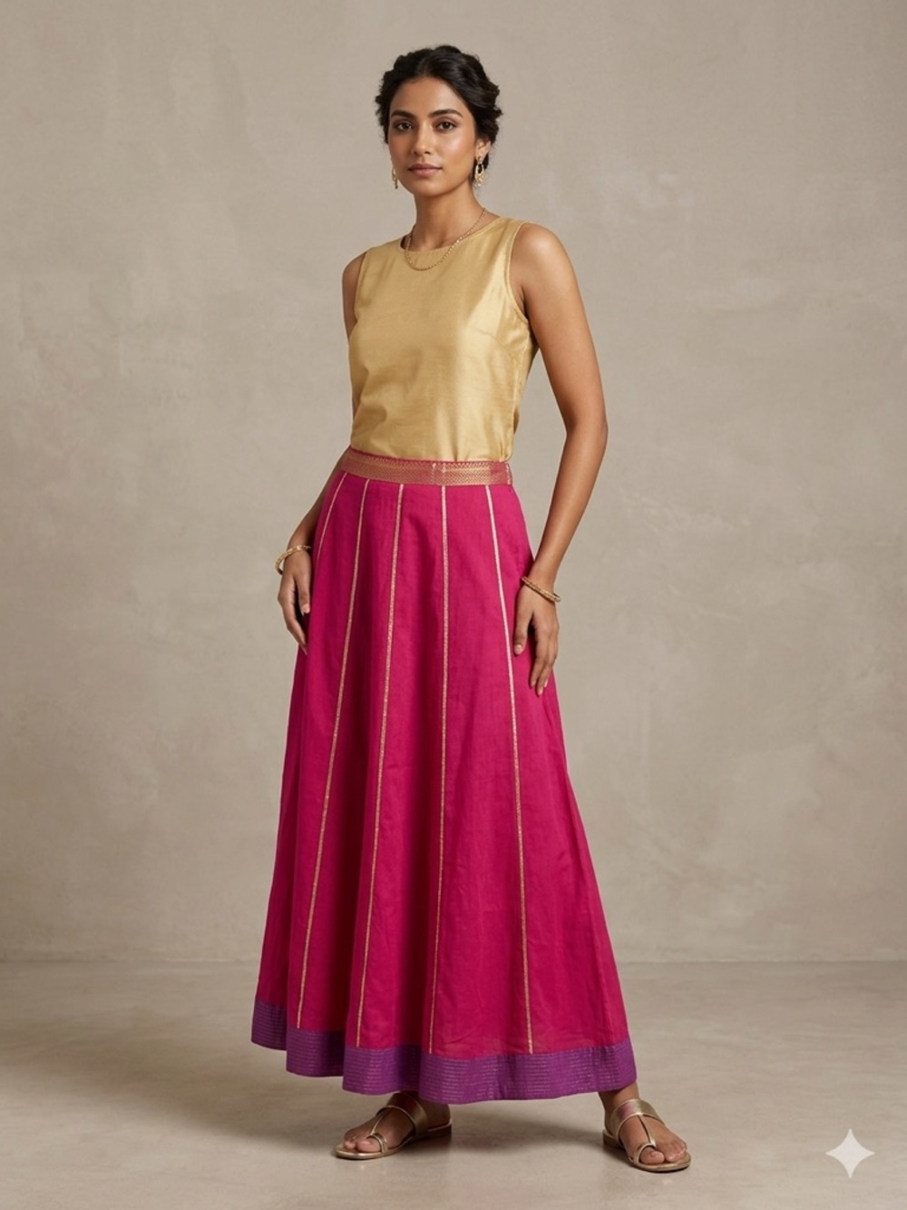 Fabindia Gold and Fuchsia Paneled Cotton Maxi Skirt